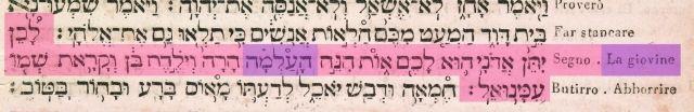 Fig. 4 by his name’s acronym, Ḥida (“riddle”), Azulai (Jerusalem 1724-Livorno 1807) was a chief authority in the areas of Jewish law and mysticism, and recognized from throughout Palestine, North Africa, Italy, France and Holland for his knowledge and piety.  As a bibliographer, his Shem ha-gedolim, an alphabetized list of Jewish authors and their works, is noted for a breadth of comprehensiveness previously unattained.  At the same time, he was well rooted in age-old traditions of teaching.  His editions of the Hebrew Bible, printed shortly before his death, contain vernacular glosses in the margins that continued the medieval glossary tradition. On display is his gloss on the Hebrew word ‘almah in Isaiah 7, 13. The circle above the Hebrew word indicates that a gloss appears in the margin, in this case by the Italian la giovine, that is, young woman.